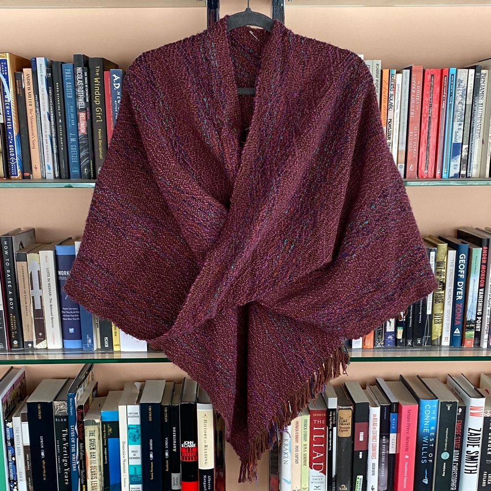 Burgundy Knit Shawl with Fringe - Artist made